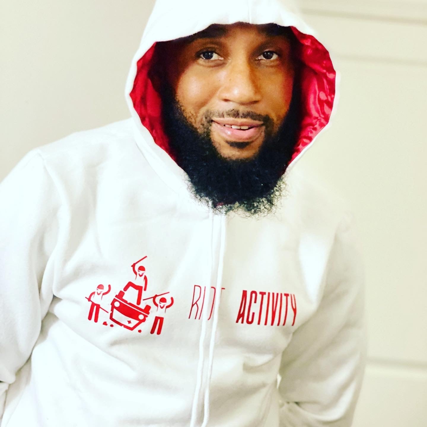 Riot Activity White Sweatshirt/Red Logo/Red Satin Lined Hood